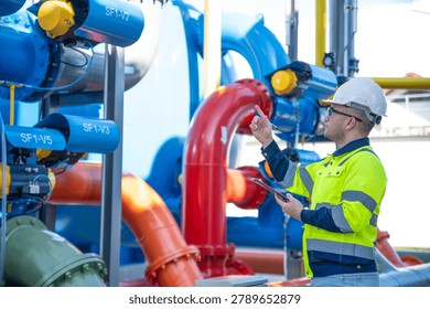 A specialist engineer is inspecting the structural integrity of the water tank and high-pressure pipes.