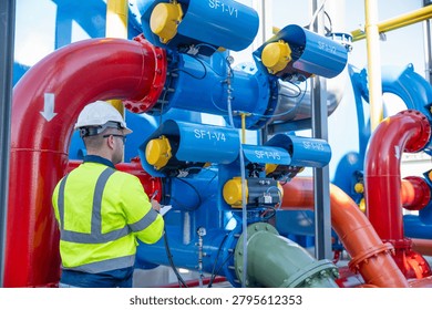 A specialist engineer is inspecting the structural integrity of the water tank and high-pressure pipes.