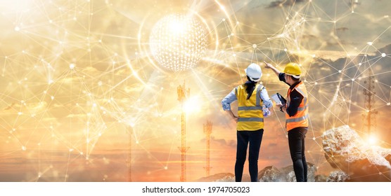 Specialist Engineers Team Analysis Global Network And Data Customer Connection On Big Structure Background, Telecom And Communication Concept