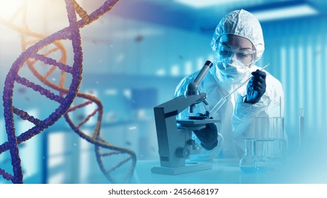 Specialist genetics. DNA helix. Genetic laboratory employee with microscope. Scientist sequences DNA chain. Geneticist at work. Lab technician studies human RNA. Woman geneticist in protective suit - Powered by Shutterstock