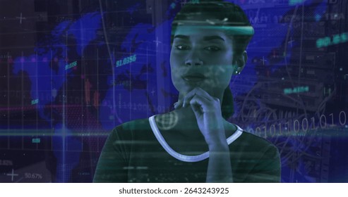 IT specialist standing in data center, resting hand under chin, viewing world map projection. Futuristic, analytical, cyber, sleek, innovative, professionalism, digital