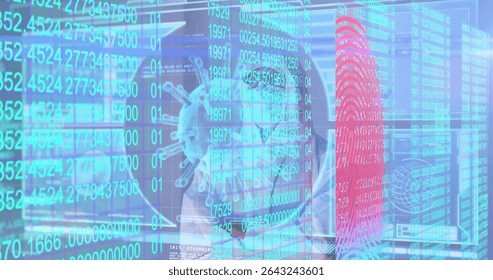 Specialist in suit monitoring panels at cybersecurity lab, with virus model and fingerprint icon. Technology, cybersecurity, data visualization, holography, digital interface, analytics, network