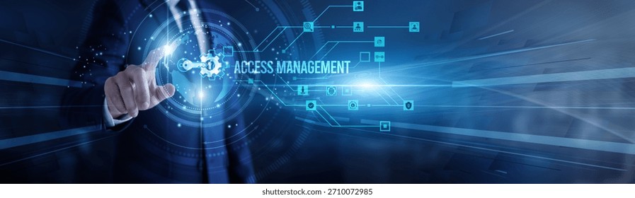 IT specialist touching virtual screen a global access management framework. Secure authentication, identity control, permissions, data protection, cybersecurity governance and user verification.