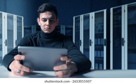 IT specialist using tablet in server room, monitoring network systems and performing diagnostics. Information Technology. Data Center.