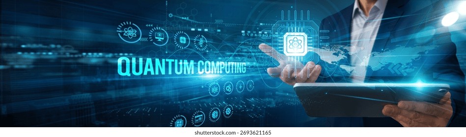 Specialists using tablets analyze quantum computing qubit data algorithms, performance automation optimization monitoring scalability innovation solutions.