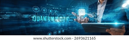Specialists using tablets analyze quantum computing qubit data algorithms, performance automation optimization monitoring scalability innovation solutions.