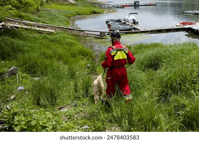 specialized cadaver dog working with its handler 
