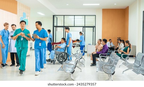 Specialized doctor medical center and hospital health care services concept. Hospital lobby waiting area in hospital with doctor and patient walking through corridor hallway and information counter. - Powered by Shutterstock