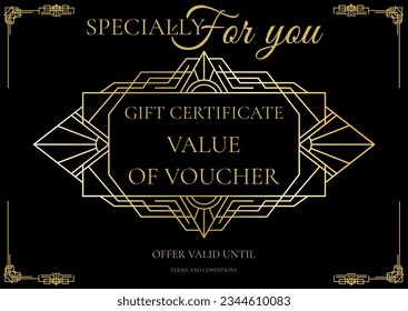 Specially for you gift certificate text, holding text and deco pattern in gold on black. Art deco, gift voucher certificate template concept digitally generated image.