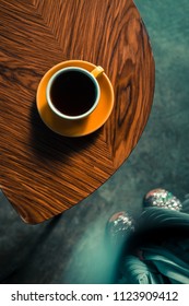 Specialty Filter Coffee In Yellow Cup From Above. Minimalist Filter Coffee Shop. Wooden Table