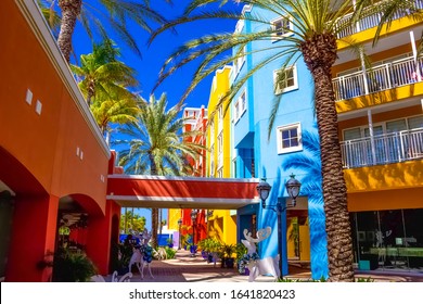 Specific coloured buildings at street of Willemstad, Curacao. Christmas decorations at caribbean island.