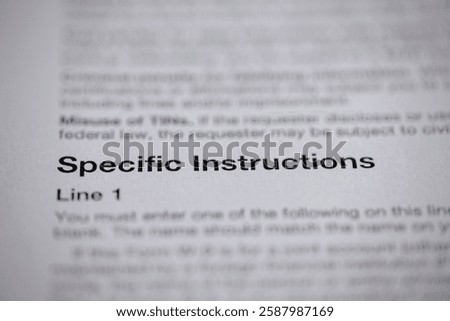 Specific Instructions Document: Close-up of text "Specific Instructions" and the phrase "Line 1" on a white form, implying guidelines or directions.