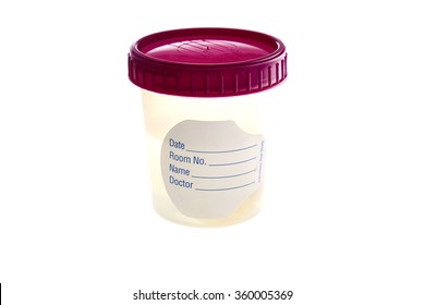 A specimen Cup with a blank label filled with liquid isolated on white with room for your text. Specimen cups are used around the world by doctors and medical professionals.