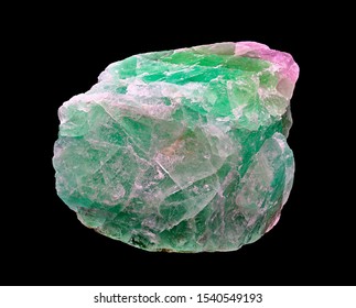 Specimen Of Rough Green And Magenta Fluorite Mineral Stone On Black Limbo Background