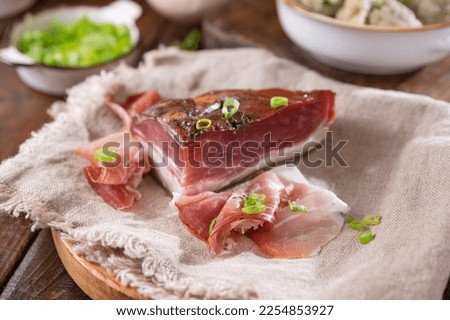 speck. Salo smoked. Traditional meat food in the North of Italy, Trentino and the Alps. High quality High quality 