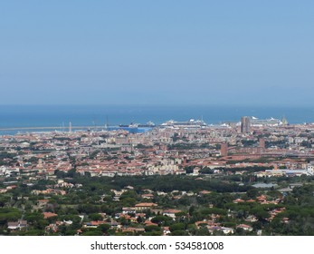 Spectacular Aerial Panorama Of Livorno City Made From The Nearby Hills Of Montenero On Sunny Day, Tuscany Italy