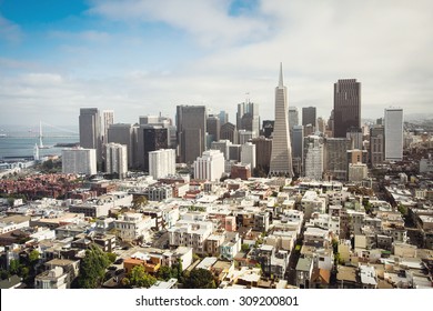Spectacular aerial panorama of San Francisco Financial District made from the top floor of Coit tower on sunny day, California 