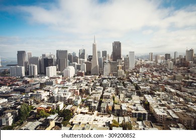 Spectacular aerial panorama of San Francisco Financial District made from the top floor of Coit tower on sunny day, California 