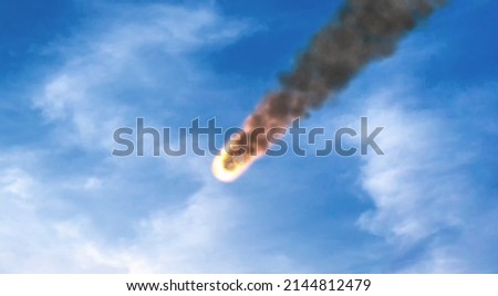 Spectacular Asteroid Moving Down Through Sky clouds. Meteor with Fire flames Going to Hit Erath. Astrology and Space Science