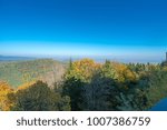 Spectacular autumn view of Alsace and Rhein valley from Mont Sainte-Odile Abbey, also known as Hohenburg Abbey - a nunnery, situated on Mont Sainte-Odile in Vosges mountain range, Alsace, France.