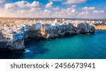 Spectacular cityscape of Polignano a Mare town, Puglia region, Italy, Europe. Polignano Al Mare, scenic small town in Puglia, Italy. Polignano a Mare village on the rocks, Bari, Apulia, Italy. 