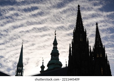 Spectacular Clouds Over Prague Castle And Saint Vitus Cathedral During An Autumn Morning. Travel To Czech Republic, Visit The Architecture Landmark Of Prague, Detail View Of The Towers.