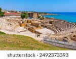 Spectacular coastal view from ancient roman amphitheater ruins in Tarragona, Spain.