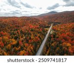 Spectacular Fall Foliage in New England Aerial Drone Landscape Photography Scenic Byway in Stowe, Vermont USA. Jaw Dropping Colors Day