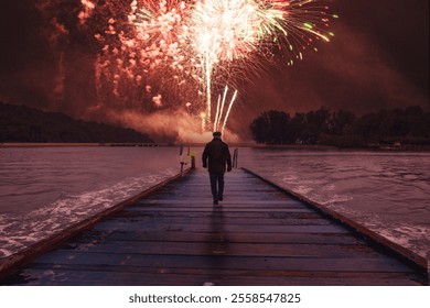 A Spectacular Fireworks Display Lighting Up the Serene Pier During a Peaceful Night Sky - Powered by Shutterstock