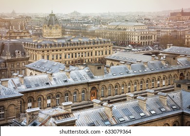 Spectacular Image Of Paris Roofs From Cathedral Notre-Dame De Paris. Hopital Hotel-Dieu, Above And Registry Of The Paris Commercial Court Below. France. Paris