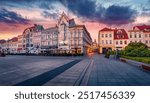 Spectacular morning cityscape of Bydgoszcz largest city in the historical region of Kuyavia, Poland, Europe. Calm summer sunrise on Market Square. Traveling concept background.