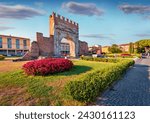 Spectacular morning view of Arch of Augustus. Splendid summer cityscape of Rimini town, Italy, Europe. Traveling concept background.