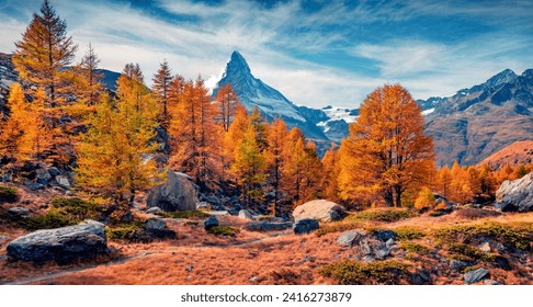 Spectacular morning view of outskirts of Grindjisee lake with Matterhorn (Cervino) peak on background. Stunning autumn scene of Swiss Alps, Zermatt resort location, Switzerland, Europe. - Powered by Shutterstock