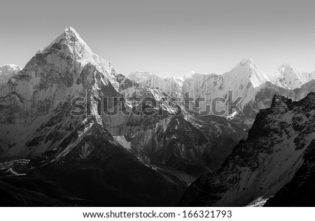 Spectacular mountain scenery on the Mount Everest Base Camp trek through the Himalaya, Nepal in stunning black and white