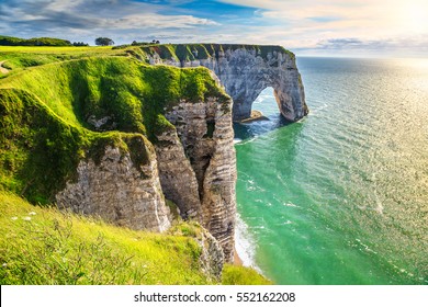  Spectacular natural cliffs Aval of Etretat and beautiful famous coastline, Normandy, France, Europe - Shutterstock ID 552162208