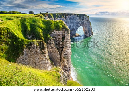  Spectacular natural cliffs Aval of Etretat and beautiful famous coastline, Normandy, France, Europe