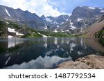 spectacular navajo, arapahoe, and shoshone peaks reflected in  isabelle lake in summer  in the indian peaks wilderness area, near nederland, colorado