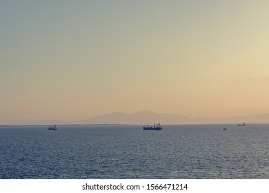 Spectacular Panorama View Of Sun Setting Into Thermaic Gulf.