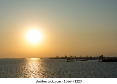 Spectacular Panorama View Of Sun Setting Into Thermaic Gulf.