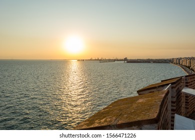 Spectacular Panorama View Of Sun Setting Into Thermaic Gulf.