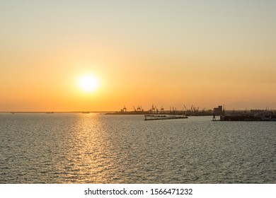 Spectacular Panorama View Of Sun Setting Into Thermaic Gulf.