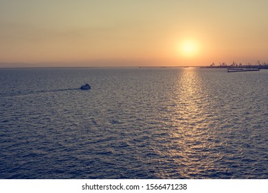 Spectacular Panorama View Of Sun Setting Into Thermaic Gulf.