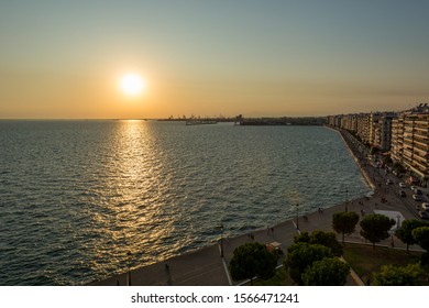 Spectacular Panorama View Of Sun Setting Into Thermaic Gulf.