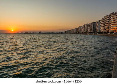 Spectacular Panorama View Of Sun Setting Into Thermaic Gulf.