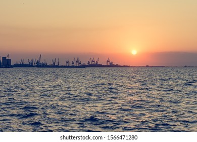 Spectacular Panorama View Of Sun Setting Into Thermaic Gulf.