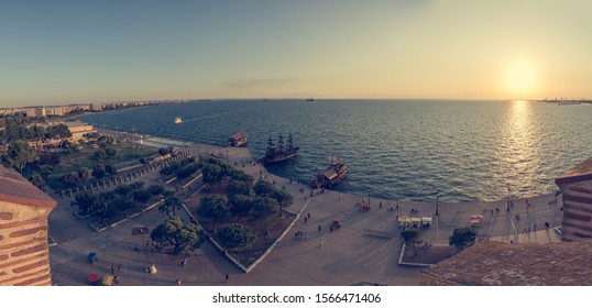 Spectacular Panorama View Of Sun Setting Into Thermaic Gulf.