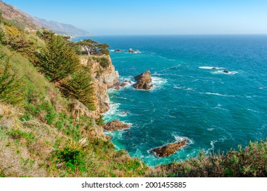 Spectacular Panoramic Landscape Of The West Coast Of California With Views Of The Pacific Ocean And The Cliffs . Coast Along The Pacific Coast Highway