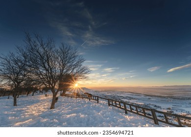 Spectacular snowy landscape from the top of a mountain at sunset. Sunset with the sun setting behind a tree and the snowy landscape in Los Santos de la Humosa.  - Powered by Shutterstock