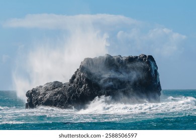 Spectacular splashes explode as wind driven waves strike rock 2 in Piedras Blancas State Marine Reserve