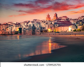 Spectacular spring cityscape of Cefalu town with Piazza del Duomo. Impressive sunset on Mediterranean sea, Sicily, Italy, Europe. Traveling concept background.